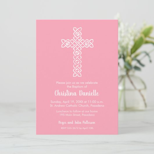Kruis op Flamingo Pink Baptism, Christening Invite (Staand voorkant)