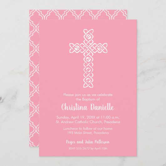 Kruis op Flamingo Pink Baptism, Christening Invite (Voorkant / Achterkant)