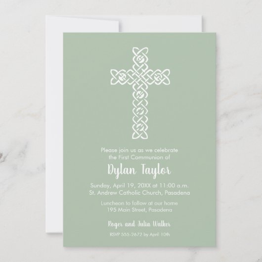 Kruis op Sage Green Baptism, Christening Invites (Voorkant)