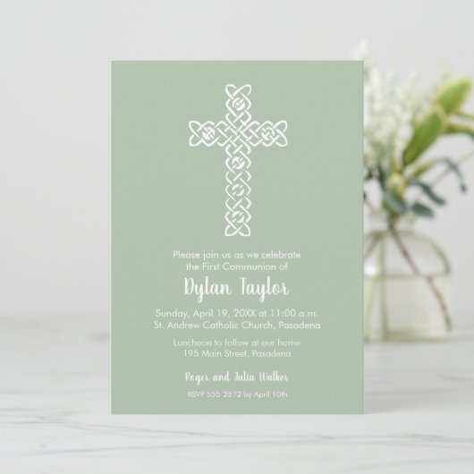 Kruis op Sage Green Baptism, Christening Invites (Staand voorkant)