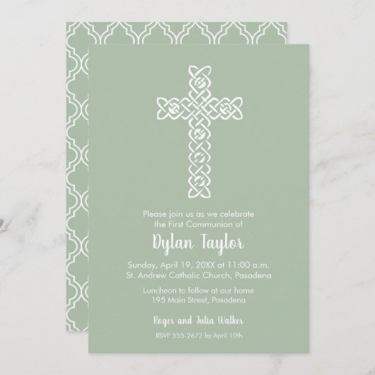 Kruis op Sage Green Baptism, Christening Invites (Voorkant / Achterkant)