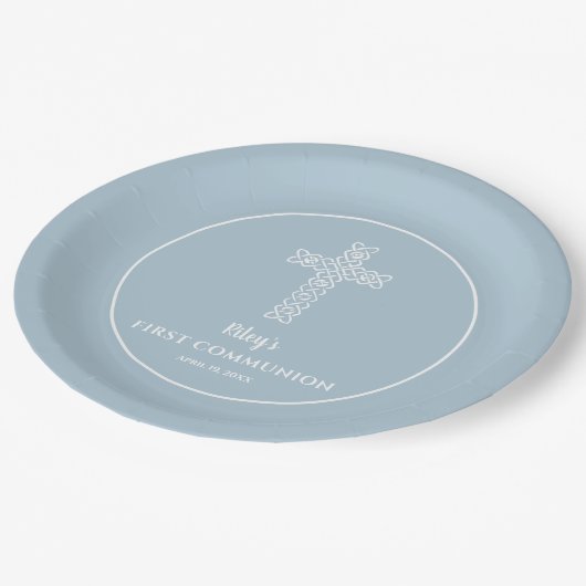 Kruis op staal Blauwe Communie Doopsel Papieren Bordje (Gekanteld)
