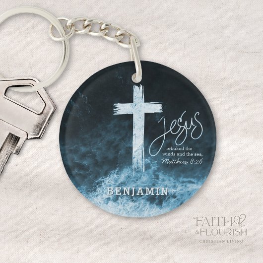 Kruis op Water Donkerblauwe Schrift Gepersonalisee Sleutelhanger