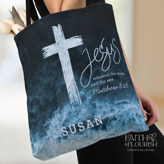 Kruis op Water Donkerblauwe Schrift Gepersonalisee Tote Bag