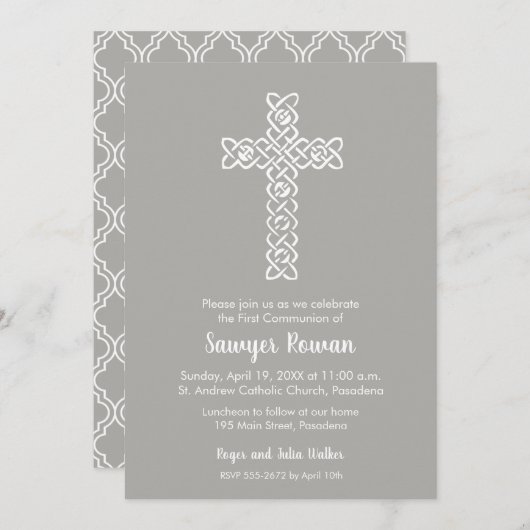 Kruis over Grijze Eerste Communicatie Uitnodiginge (Voorkant / Achterkant)