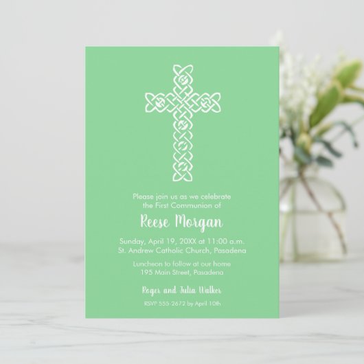 Kruis over Mint Green Baptism, Christening Invites (Staand voorkant)