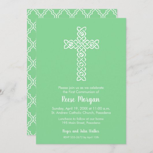 Kruis over Mint Green Baptism, Christening Invites (Voorkant / Achterkant)