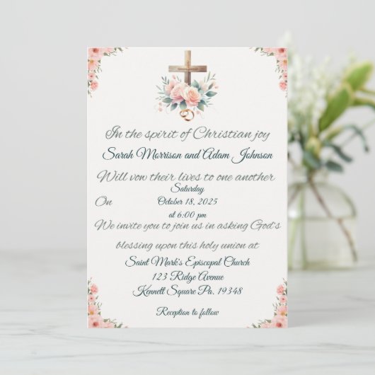 Kruis, Rozen en ringen bruiloft uitnodiging (Staand voorkant)