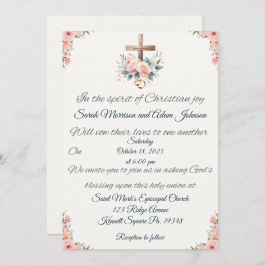 Kruis, Rozen en ringen bruiloft uitnodiging (Voorkant / Achterkant)