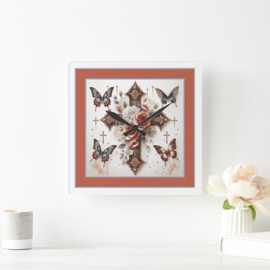 Kruis, Rozen en Vlinders Vierkante Klok (Huis)
