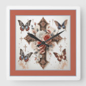 Kruis, Rozen en Vlinders Vierkante Klok (Voorkant)