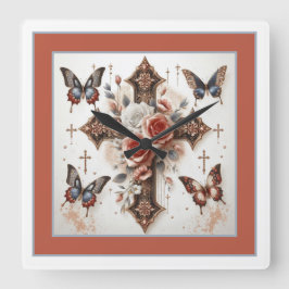 Kruis, Rozen en Vlinders Vierkante Klok