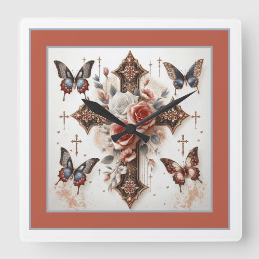 Kruis, Rozen en Vlinders Vierkante Klok (Voorkant)