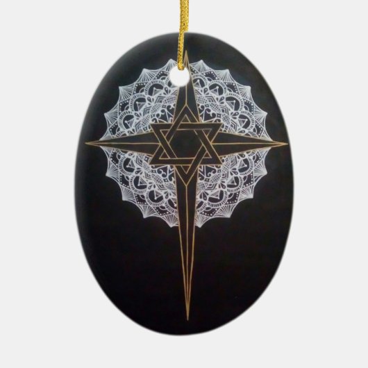 Kruis & Ster Mandala Ovaal Keramisch Ornament (Voorkant)