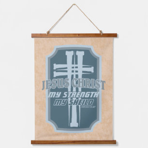 Kruis van spijkers op Schild Psalm 28:7 Bijbelontw Hangend Wandkleed