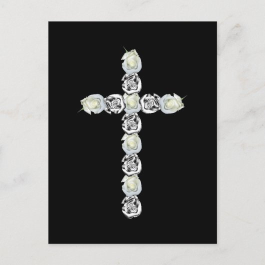Kruis van zilver en witte rozen briefkaart (Voorkant)