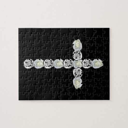 Kruis van zilver en witte rozen legpuzzel (Horizontaal)