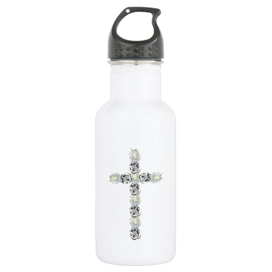 Kruis van zilver en witte rozen waterfles (Voorkant)