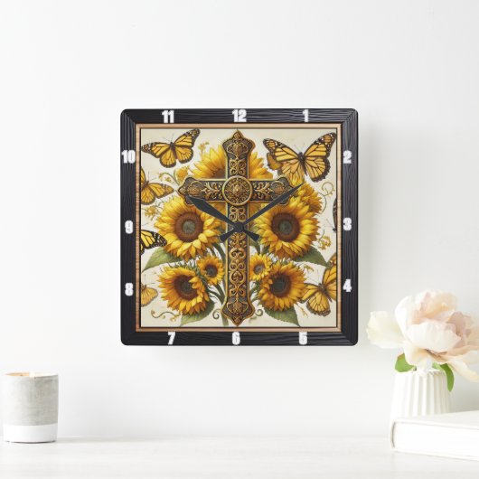 Kruis Zonnebloemen Vlinders Vierkante Klok (Huis)