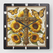 Kruis Zonnebloemen Vlinders Vierkante Klok (Voorkant)