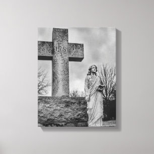 Kruisbeeld en engel in zwart en wit canvas afdruk