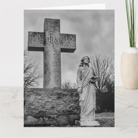 Kruisbeeld en engel in zwart en wit kaart (Voorkant)