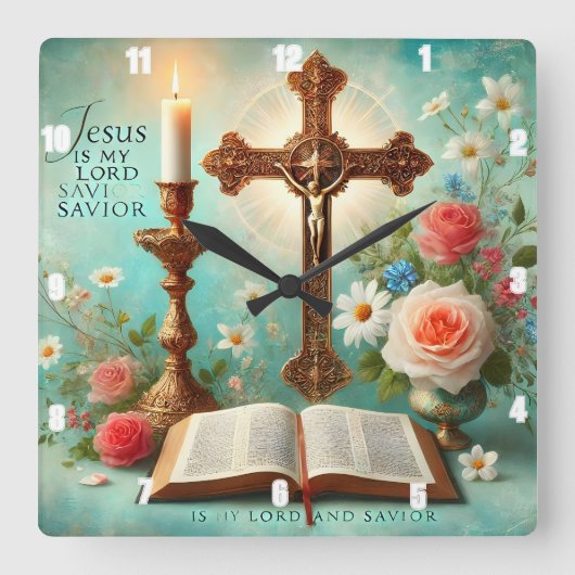Kruisbeeld Kaarslicht Bijbel Floral Jezus Vierkante Klok (Voorkant)