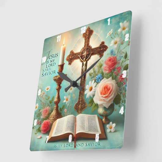 Kruisbeeld Kaarslicht Bijbel Floral Jezus Vierkante Klok (Hoek)