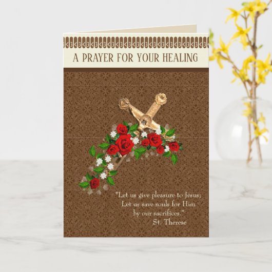 Kruisbeeld Rode Rozen St. Therese Healing Prayer Kaart (Gele Bloem)