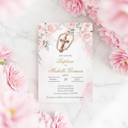 Kruisbloem roze bloem doop uitnodiging