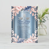 Kruisbloemen Eerste Blauwe Metallic Heilige Commun Kaart (Staand voorkant)