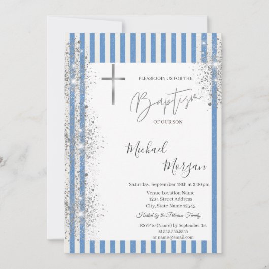 Kruisdoop Zilver Glitter Confetti Blauw Gestreept Kaart (Voorkant)