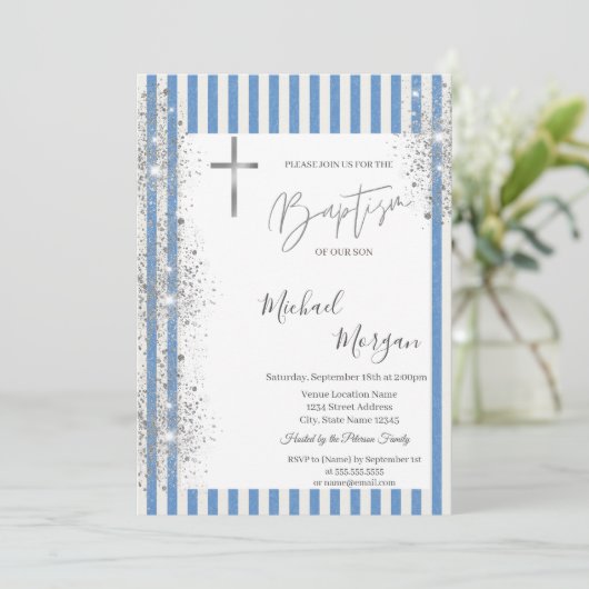 Kruisdoop Zilver Glitter Confetti Blauw Gestreept Kaart (Staand voorkant)