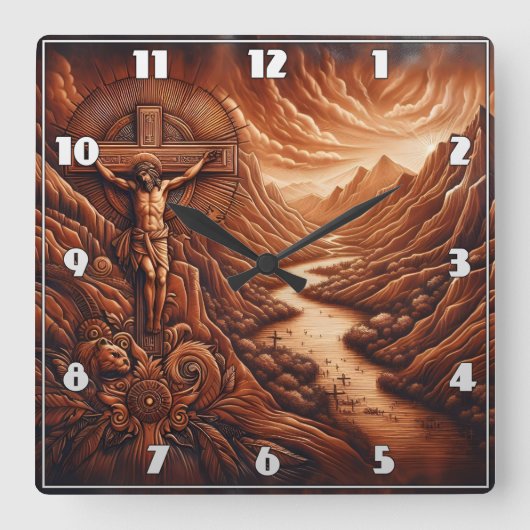 Kruisiging van Jezus in een bergachtig landschap Vierkante Klok (Voorkant)