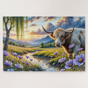 Kruising van Schotse Hooglander/Longhorn koe in bl Legpuzzel