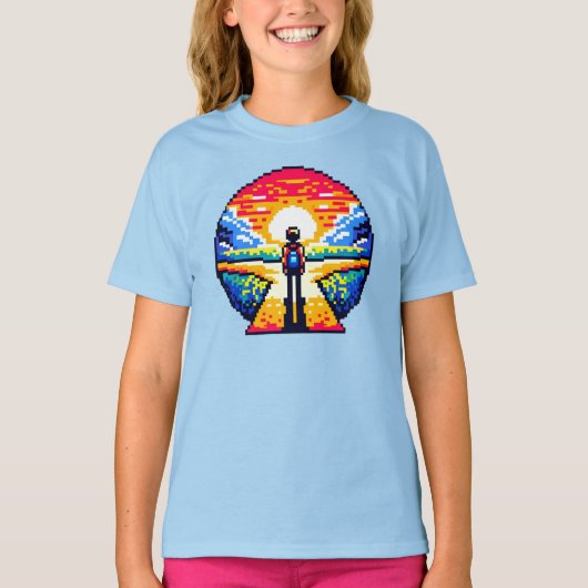 Kruispunt bij zonsondergang Doordachte Pixel Art J T-shirt (Voorkant)