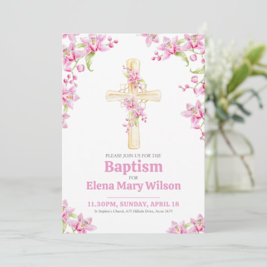 Kruisroze orchidee bloemdoop kaart (Staand voorkant)