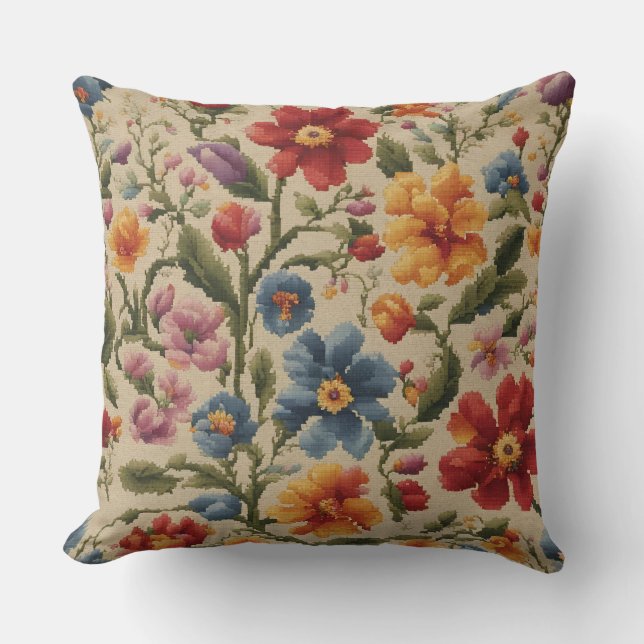  kruissteek kleurrijk bloempatroon kussen (Voorkant)