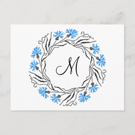 Kruissteek Kornflower Circle Monogram Initiaal Briefkaart (Voorkant)