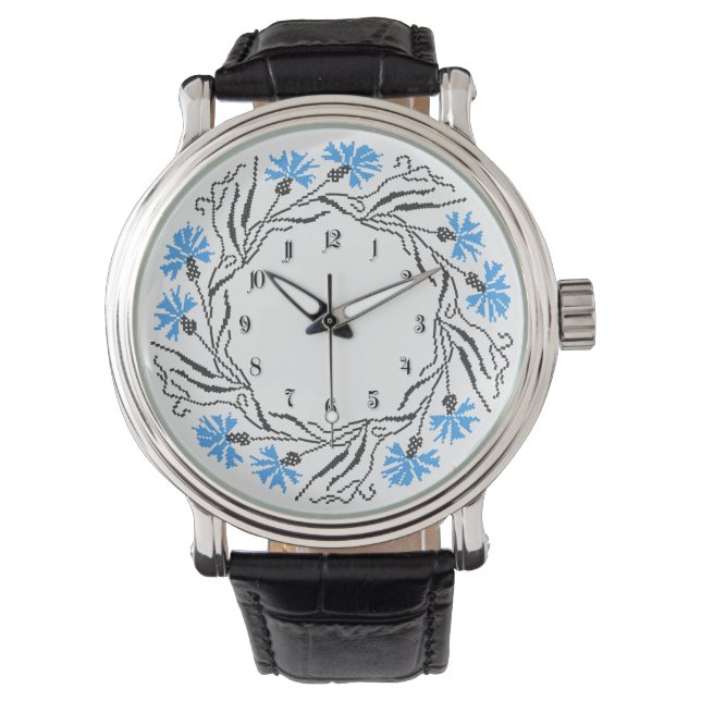 Kruissteek Kornflower Circle Monogram Initiaal Horloge (Voorkant)