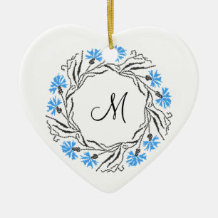 Kruissteek Kornflower Circle Monogram Initiaal Keramisch Ornament