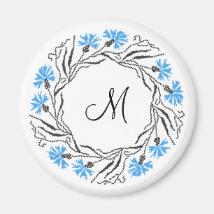 Kruissteek Kornflower Circle Monogram Initiaal Magneet