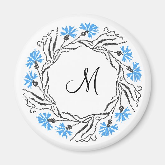 Kruissteek Kornflower Circle Monogram Initiaal Magneet (Voorkant)