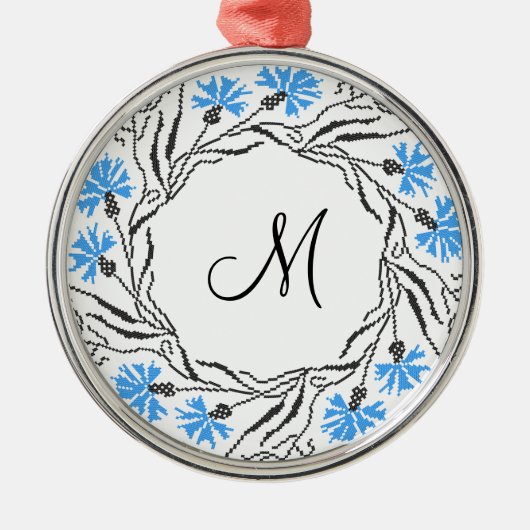 Kruissteek Kornflower Circle Monogram Initiaal Metalen Ornament (Voorkant)