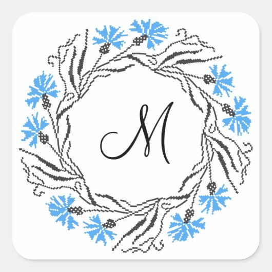 Kruissteek Kornflower Circle Monogram Initiaal Vierkante Sticker (Voorkant)