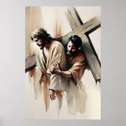 Kruiswegstaties Simon van Cyrene helpt Jezus Poster (Voorkant)