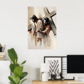 Kruiswegstaties Simon van Cyrene helpt Jezus Poster (Thuiskantoor)