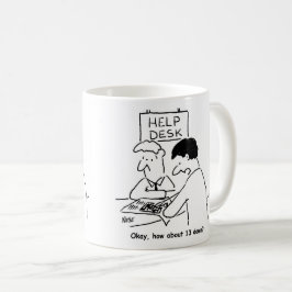 Kruiswoordeliefhebber vraagt bij een helpdesk koffiemok