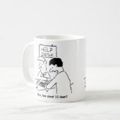 Kruiswoordeliefhebber vraagt bij een helpdesk koffiemok (Voorkant links)