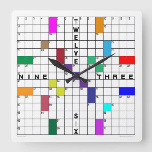 Kruiswoordklok met downloadbare puzzel (kleur) vierkante klok